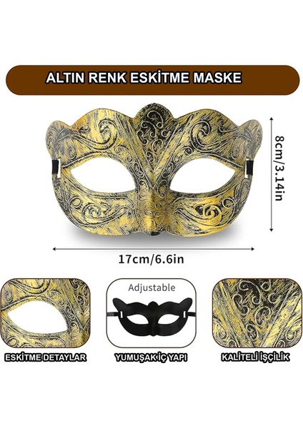 Altın Renk Eskitme Maskeli Balo Maskesi – Venedik Tarzı Parti Maskesi