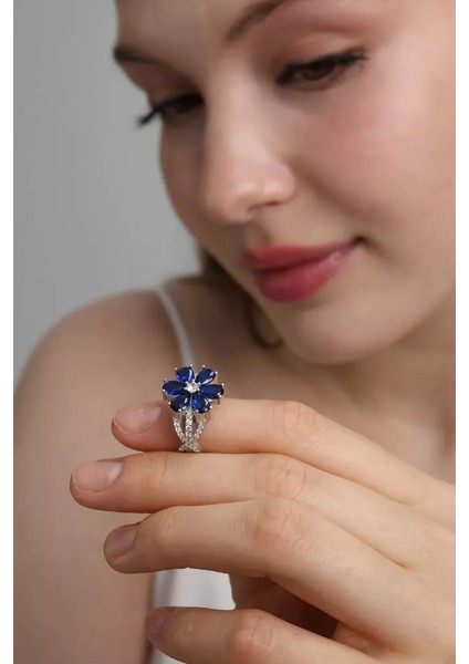 Mavi Taşlı Lotus Yüzük