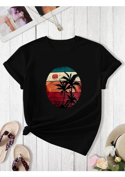 Kadın Kısa Kollu Palmiye Baskılı Viskon T-Shirt