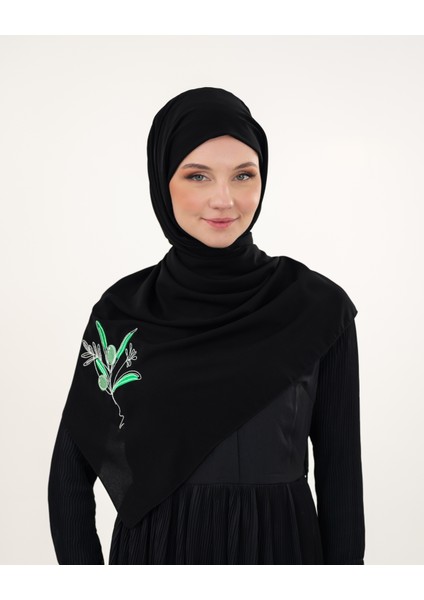Polyster Siyah Rengi Şal Filistin Zaytin Dalı Renkli Nakışlı S100034
