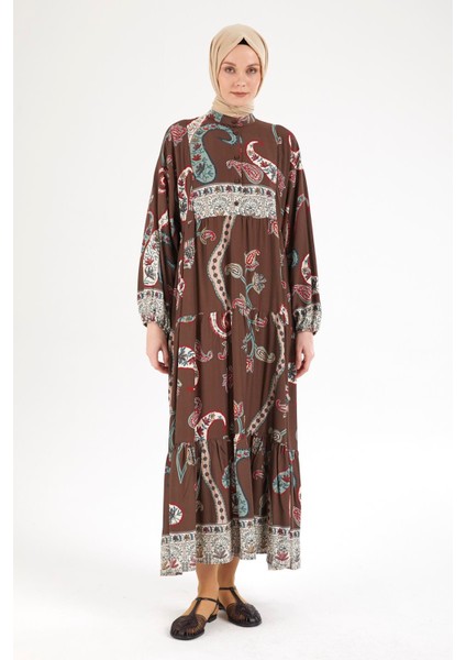 Desenli Elbise-Kahverengi 25YT949