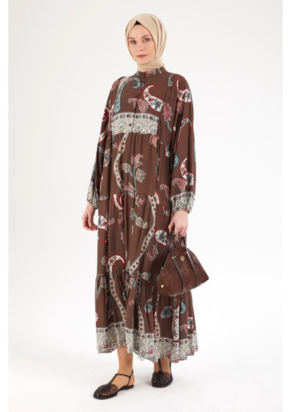 Desenli Elbise-Kahverengi 25YT949