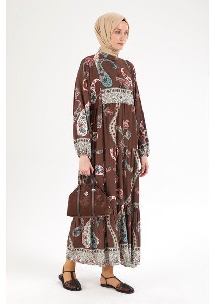 Desenli Elbise-Kahverengi 25YT949