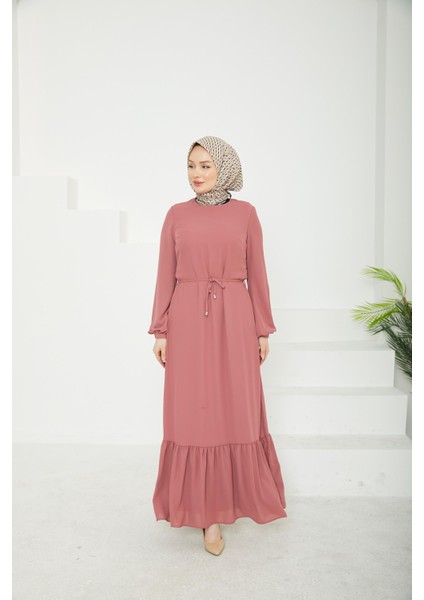Etek Ucu Tül Desenli Fermuarlı ELBISE-PINK-25YT924