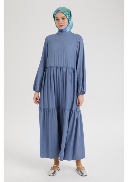 Kolları Lastikli Günlük Elbise-Indigo 25YT953