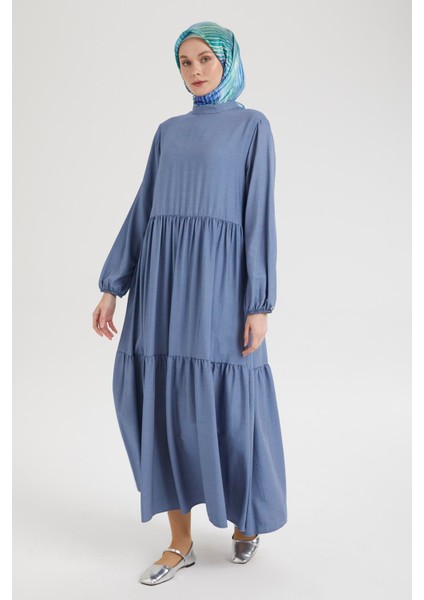 Kolları Lastikli Günlük Elbise-Indigo 25YT953 fiyatları