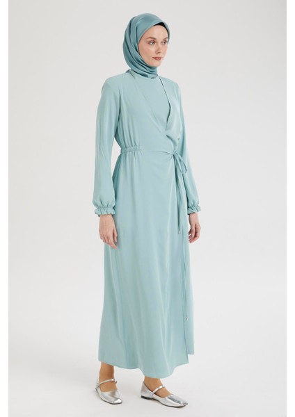 Kolları Lastikli V Yaka Detaylı Elbise-Mint 25YT944 modelleri