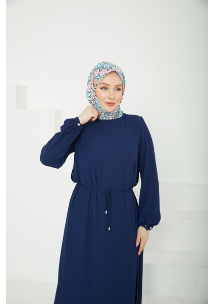 Kolları Lastikli Astarlı Elbise-Lacivert 25YT927