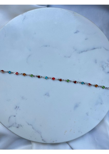 Silver Zincir Rengarenk Şerit Motifli Kadın Halhal Yazlık Halhal Abiye Halhal Vintage Halhal