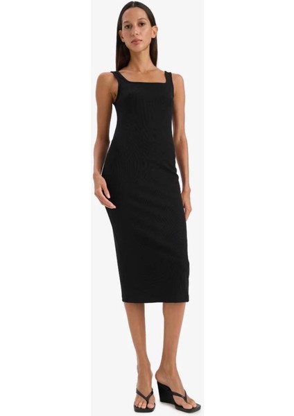 Bodycon Vücudu Saran Kare Yaka Basic Düz Fitilli Kaşkorse Askılı Midi Siyah Yazlık Elbise Z7577AZ25SM