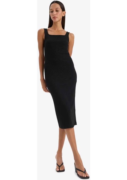 Bodycon Vücudu Saran Kare Yaka Basic Düz Fitilli Kaşkorse Askılı Midi Siyah Yazlık Elbise Z7577AZ25SM
