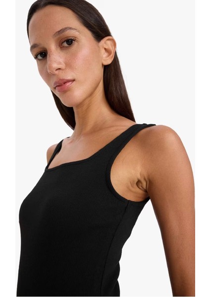 Bodycon Vücudu Saran Kare Yaka Basic Düz Fitilli Kaşkorse Askılı Midi Siyah Yazlık Elbise Z7577AZ25SM