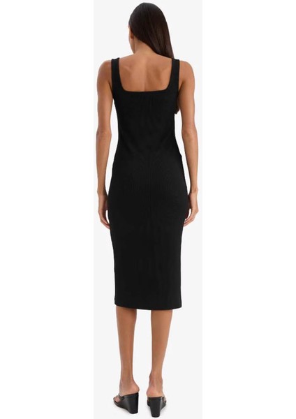 Bodycon Vücudu Saran Kare Yaka Basic Düz Fitilli Kaşkorse Askılı Midi Siyah Yazlık Elbise Z7577AZ25SM