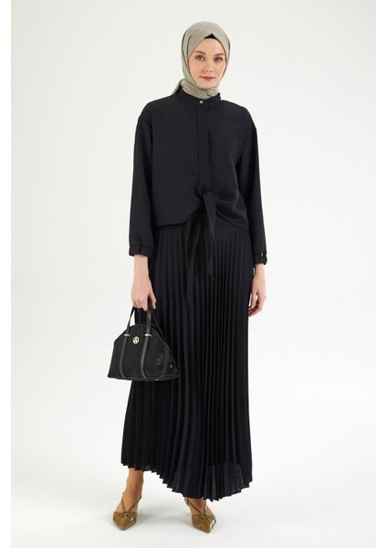 Pileli Etekli Kolları Lastikli Belden Kurdele Detaylı Etekli Ikili Takım-Siyah 25YT656 fiyatları