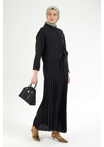 Pileli Etekli Kolları Lastikli Belden Kurdele Detaylı Etekli Ikili Takım-Siyah 25YT656 fırsatları