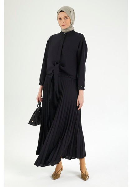 Pileli Etekli Kolları Lastikli Belden Kurdele Detaylı Etekli Ikili Takım-Siyah 25YT656 indirimleri