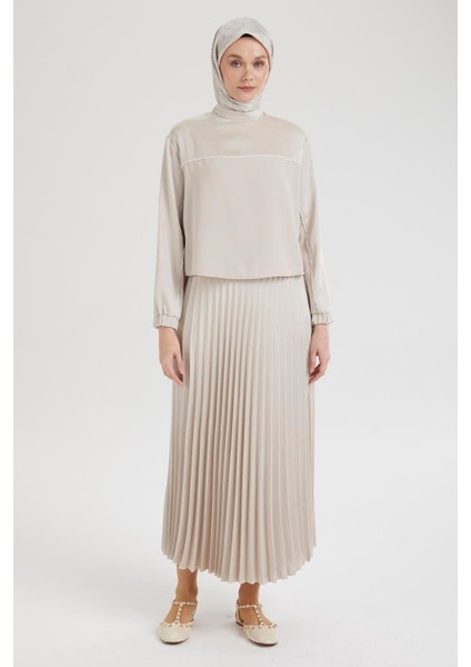 Kolları Lastikli Eteği Pliseli Ikili Takım-Bej 25YT643