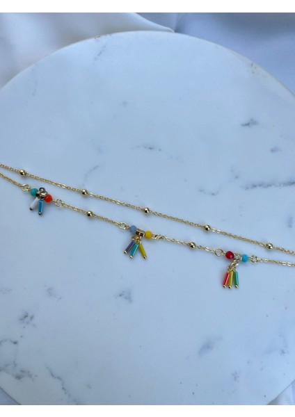 Gold Zincir Rengarenk Çubuk Motifli Kadın Halhal Yazlık Halhal Abiye Halhal Vintage Halhal