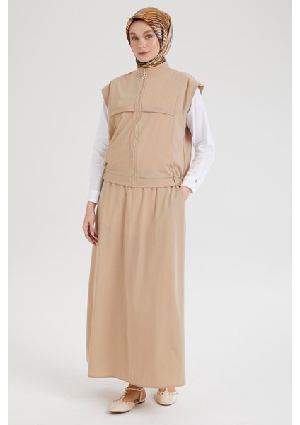 Sıfır Kol Yelekli ve Etekli Ikili Takım-Bej 25YT613 fiyatları
