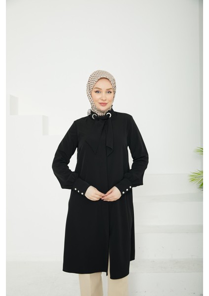 Gizli Düğmeli Yakası Kurdele Detaylı TUNIK-SIYAH-25YT450