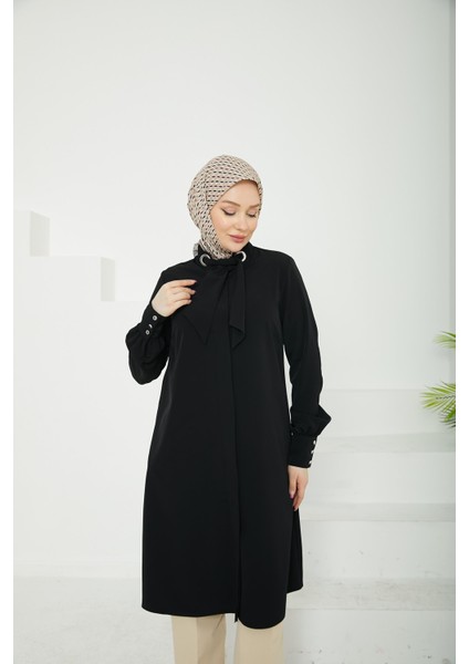 Gizli Düğmeli Yakası Kurdele Detaylı TUNIK-SIYAH-25YT450