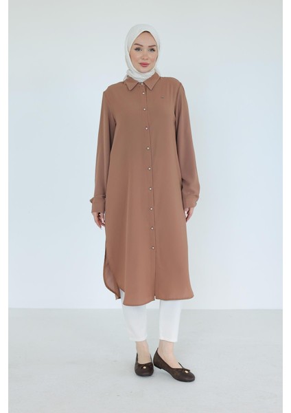 Gömlek Yaka Boydan Düğmeli Tunik-Camel 25YT448