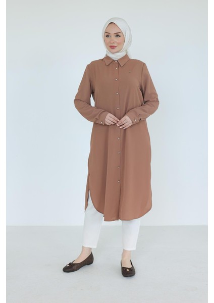 Gömlek Yaka Boydan Düğmeli Tunik-Camel 25YT448