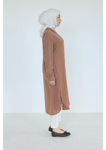 Gömlek Yaka Boydan Düğmeli Tunik-Camel 25YT448