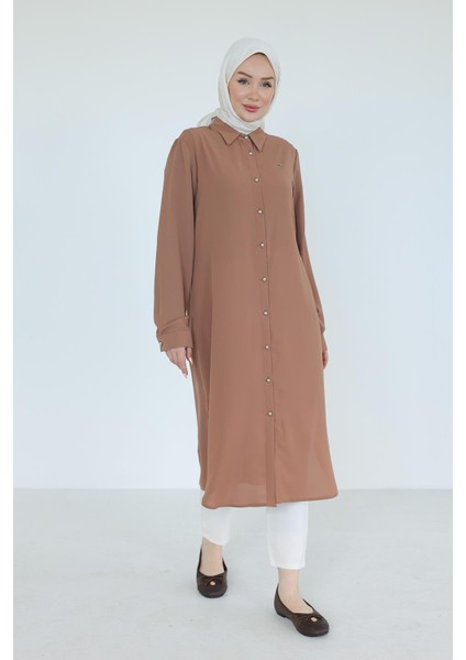 Gömlek Yaka Boydan Düğmeli Tunik-Camel 25YT448