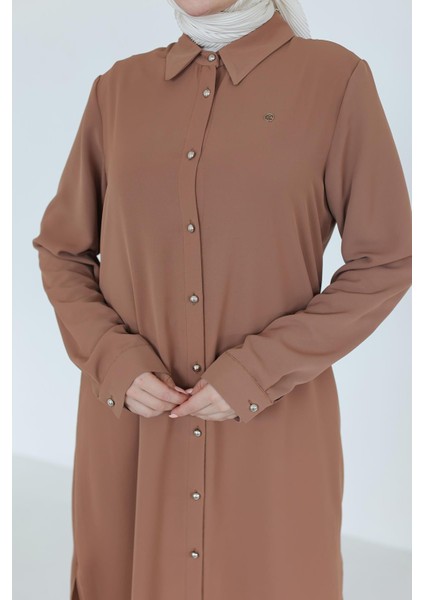 Gömlek Yaka Boydan Düğmeli Tunik-Camel 25YT448