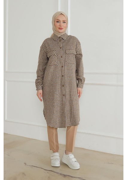 Gömlek Yaka Çıtçıtlı Tunik-Kahve-Bej 24KT415