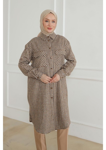 Gömlek Yaka Çıtçıtlı Tunik-Kahve-Bej 24KT415