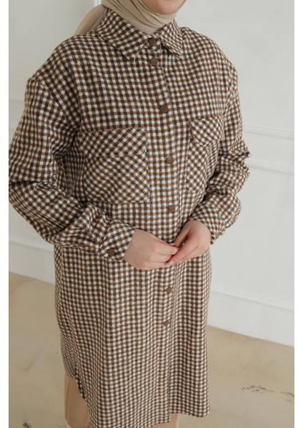 Gömlek Yaka Çıtçıtlı Tunik-Kahve-Bej 24KT415