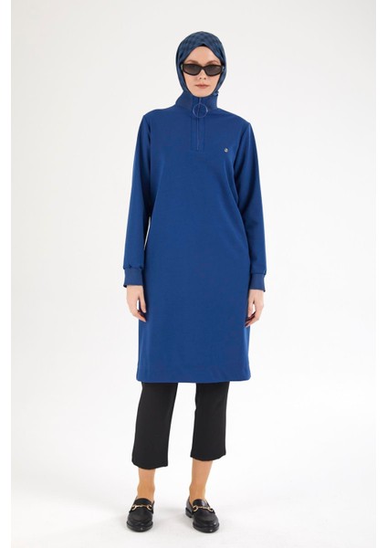 Kolları ve Yakası Ribanalı Yarım Fermuarlı Tunik-Saks 25YT437 fırsatları