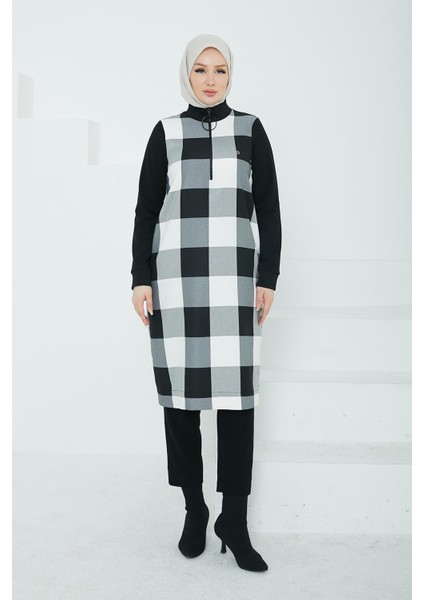 Kolları ve Yakası Ribanalı Yarım Fermuarlı Tunik-Siyah - Beyaz 24KT482 fiyatları