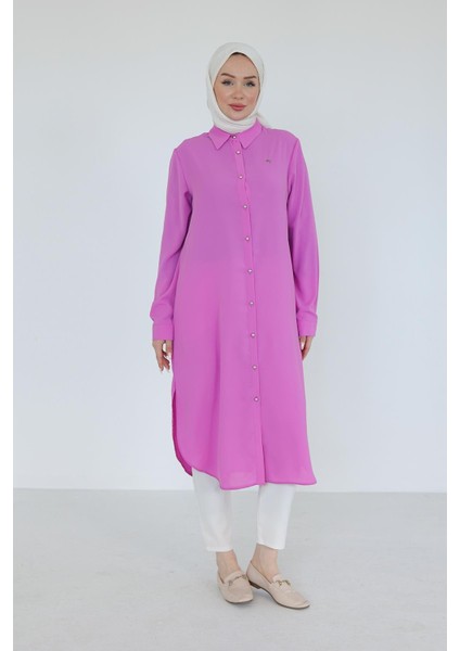 Gömlek Yaka Boydan Düğmeli Tunik-Pembe 25YT448