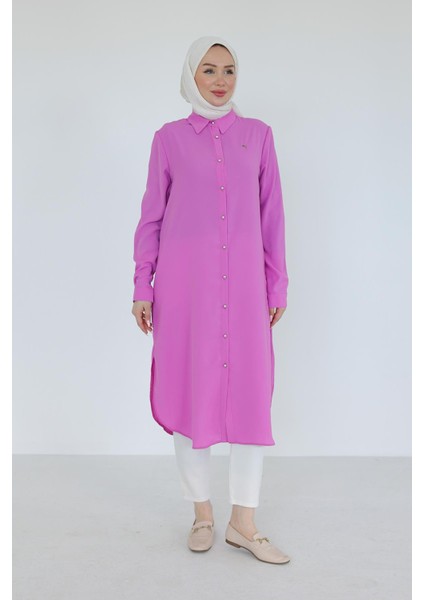 Gömlek Yaka Boydan Düğmeli Tunik-Pembe 25YT448