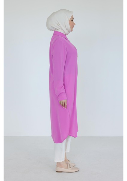 Gömlek Yaka Boydan Düğmeli Tunik-Pembe 25YT448