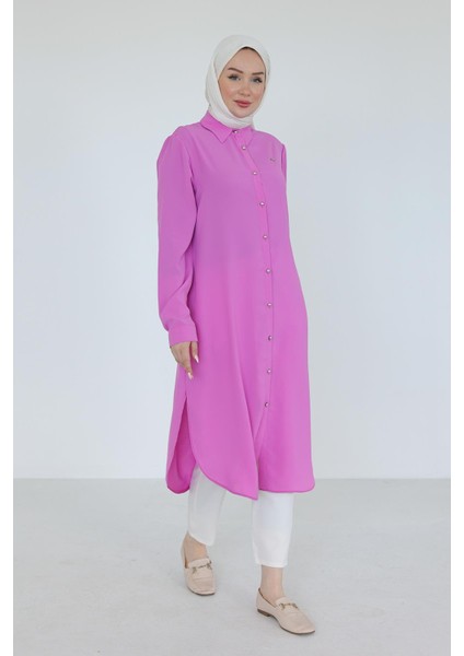 Gömlek Yaka Boydan Düğmeli Tunik-Pembe 25YT448