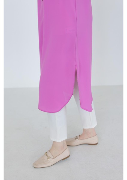 Gömlek Yaka Boydan Düğmeli Tunik-Pembe 25YT448