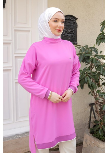 Kolları Ribanalı Arkadan Uzatmalı Basic Tunik-Pembe 25YT449