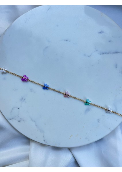 Gold Zincir Rengarenk Kelebek Motifli Kadın Halhal Yazlık Halhal Abiye Halhal Vintage Halhal