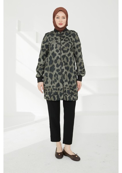 Kolları Ribanalı Leopar Desenli Boydan Fermuarlı Tunik-Leopar 24KT430