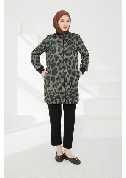 Kolları Ribanalı Leopar Desenli Boydan Fermuarlı Tunik-Leopar 24KT430