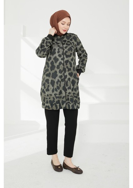 Kolları Ribanalı Leopar Desenli Boydan Fermuarlı Tunik-Leopar 24KT430