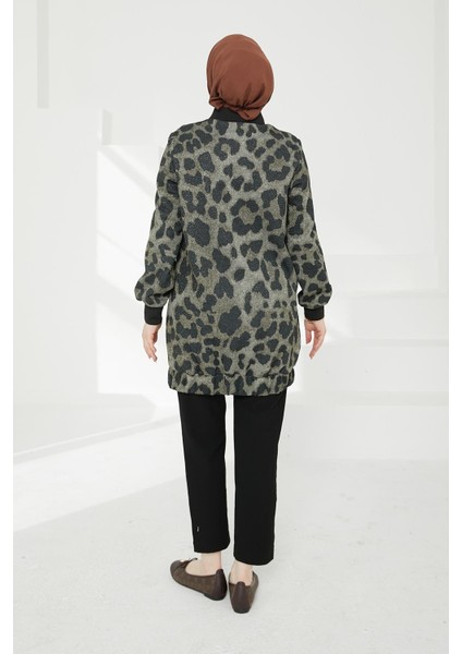 Kolları Ribanalı Leopar Desenli Boydan Fermuarlı Tunik-Leopar 24KT430