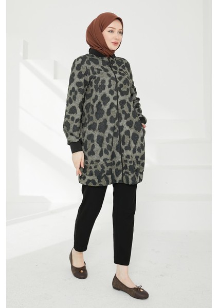 Kolları Ribanalı Leopar Desenli Boydan Fermuarlı Tunik-Leopar 24KT430