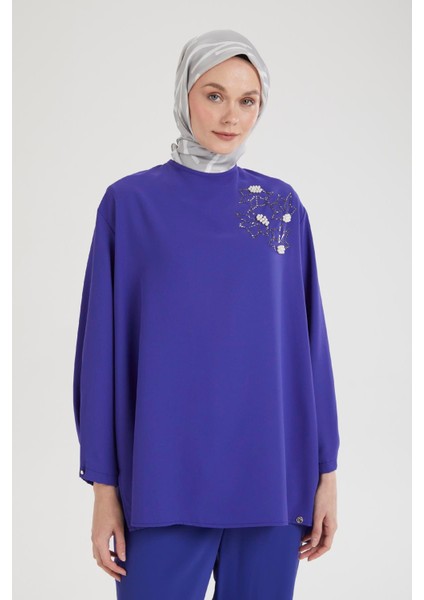 Kolları Düğmeli Taş Desenli Tunik-Morcivert 25YT443