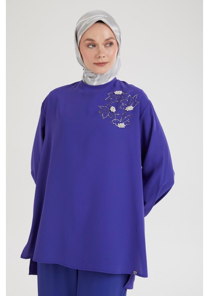 Kolları Düğmeli Taş Desenli Tunik-Morcivert 25YT443