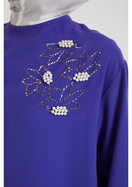 Kolları Düğmeli Taş Desenli Tunik-Morcivert 25YT443